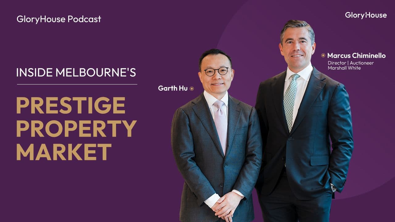 Garth Hu with Marcus Chiminello, Director and Auctioneer at Marshall White Stonnington, discussing Melbourne prestige property.